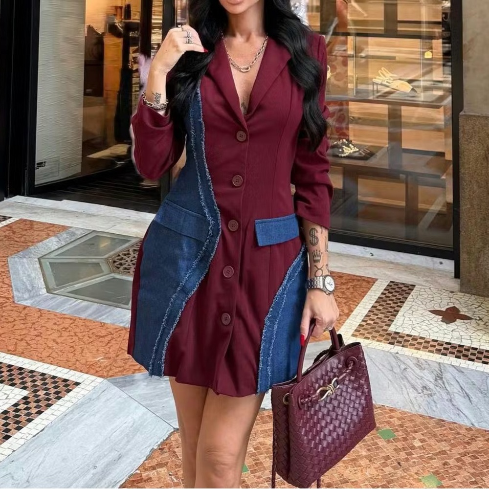Mics Denim Patchwork Long Sleeve Blazer Suit Mini Dress size xl